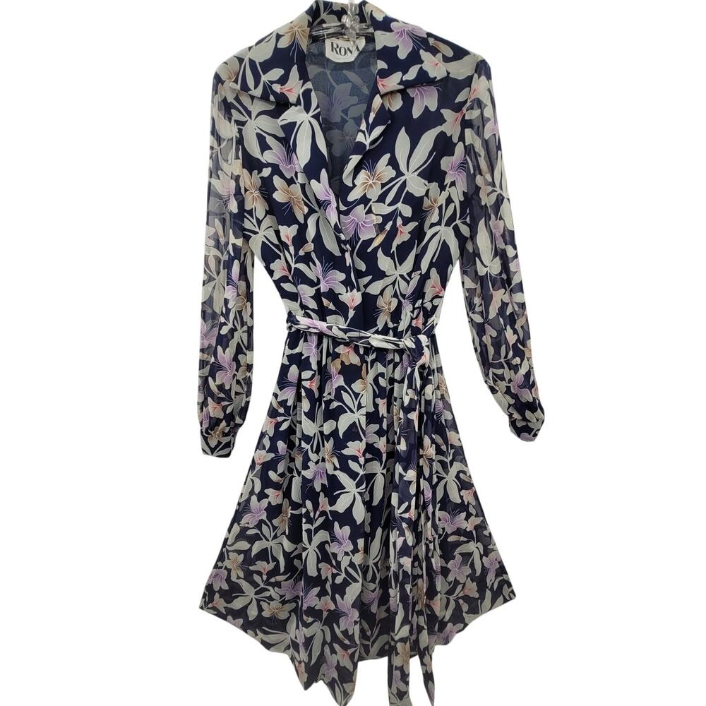 Roma Vintage‎ Floral Sash Waist Long Sheer Sleeve Flowy Maxi Fit n Flare Dress